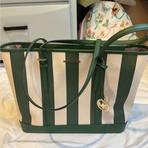 Michael Kors Green and Cream Stripe Tote Bag